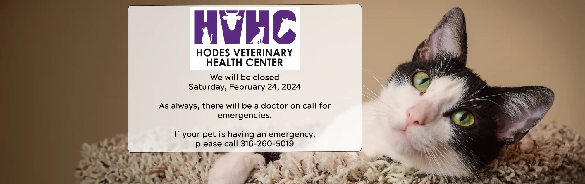 We will be closed  Saturday, February 24, 2024  As always, there will be a doctor on call for emergencies.   If your pet is having an emergency,  please call 316-260-5019 